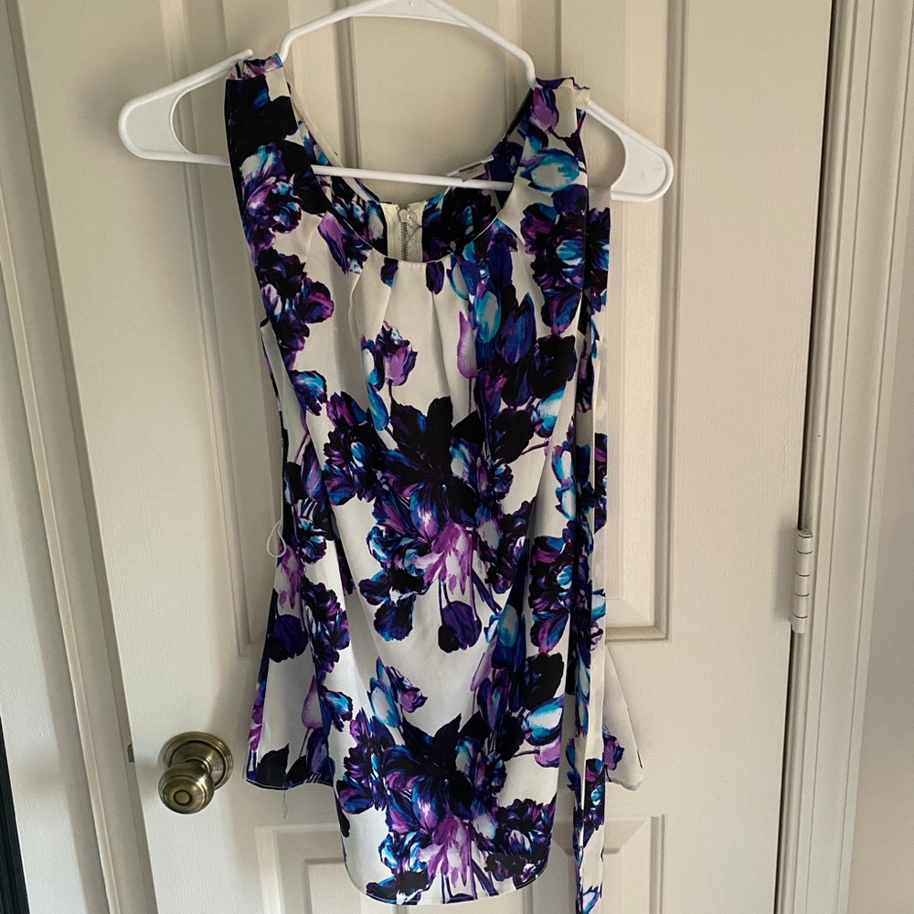 Worthington White Sleeveless Top with Purple and Blue Floral Print